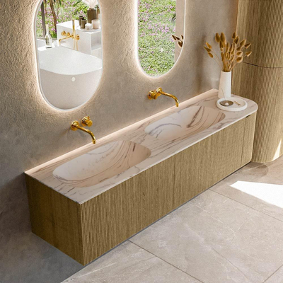 MONDIAZ KURVE-DLUX 175cm meuble de salle de bains arrondi Droit couleur Dusk avec 2 tiroirs et 1 porte. Lavabo STOR SMALL Double / Gauche sans trou de robinet Nata.