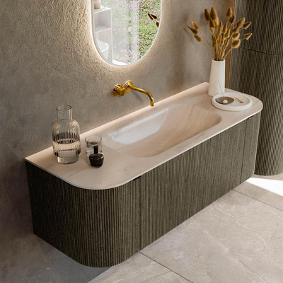 MONDIAZ KURVE-DLUX meuble de salle de bains 130cm arrondi gauche + droite couleur Shadow avec 1 tiroir et 2 portes. Vasque BIG SMALL milieu sans trou de robinet Meli.