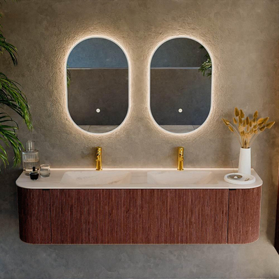 MONDIAZ KURVE-DLUX 170cm meuble de salle de bains arrondi Gauche + Droite couleur Ruby avec 1 tiroir et 2 portes. Lavabo LEAF Double 2 trous de robinet Meli.