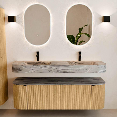 MONDIAZ THOR-DLUX 150cm badmeubel ronding links + rechts kleur Oak met 1 lade en 2 deuren. Vrijhangende wastafel CLOUD Dubbel 2 kraangaten kleur Sombra.