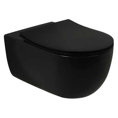 Plieger kansas WC suspendu avec chasse d'eau profonde 36x54,5cm comprenant un siège de toilette mince à fermeture souple et un dispositif de levage noir mat.
