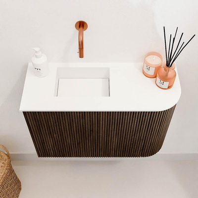 Mondiaz JOYA 61.6cm toiletmeubel - ronding rechts kleur Walnut - Wastafel FAYE positie Links Zonder kraangat kleur Talc.