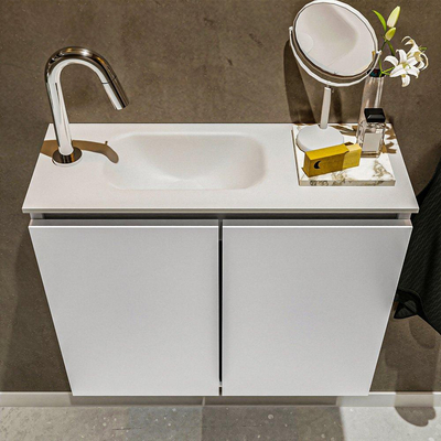 MONDIAZ TURE Kit lave-mains - 60x23x50cm - 1 trou de robinet - 2 portes - talc mat - Lavabo à gauche - Solid Surface Blanc