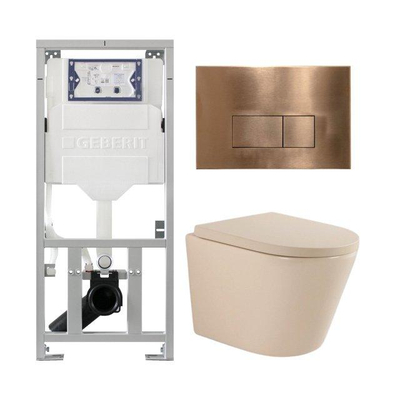 QeramiQ Dely Toiletset - 36.3x51.7cm - diepspoel - rimless - Geberit UP320 inbouwreservoir - softclose toilet zitting 35 mm - koperen bedieningsplaat - rechthoekige knoppen - mat beige