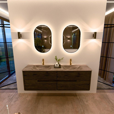Mondiaz CIRO-DLUX Badkamermeubelset - 160x45x50cm - Solid surface wastafel Oza - 2 wasbak Dubbel - 2 kraangaten - 4 lades - Shadow