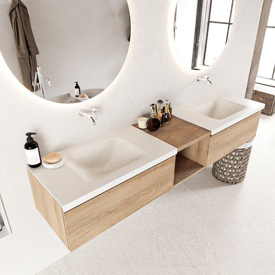 Mondiaz bukla ensemble de meubles de bain 200x45x34cm 0 robinetterie 2 lavabos surface solide talc sans poignée 2 tiroirs avec fermeture douce mélamine chêne lavé