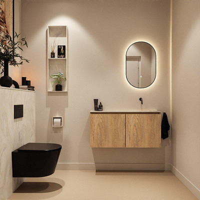 MONDIAZ TURE-DLUX Meuble toilette - 100cm - Washed Oak - EDEN - vasque Ostra - position droite - sans trou de robinet