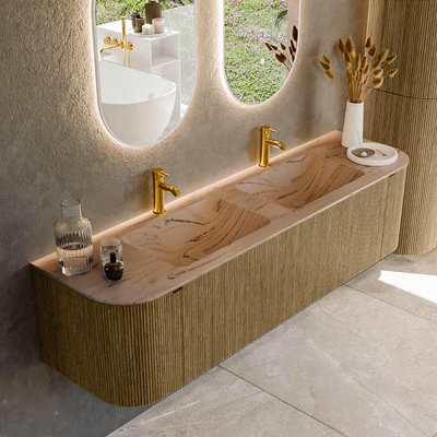 MONDIAZ KURVE-DLUX Meuble de salle de bains 170cm arrondi gauche + droite couleur Dusk avec 1 tiroir et 2 portes. Lavabo LEAF double 2 trous de robinet Arena.