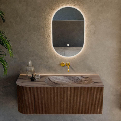 MONDIAZ KURVE-DLUX 115cm badmeubel ronding Links kleur Walnut met 1 lade en 1 deur. Wastafel BIG SMALL Rechts zonder kraangat Sombra.