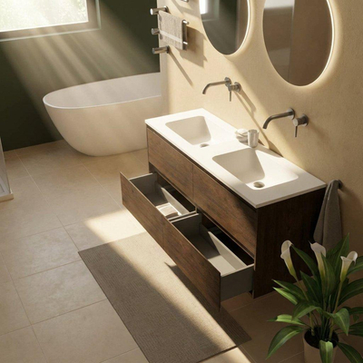 Saniclass Holz Pure Ensemble meuble de salle de bains - 140x45x77.5cm - lavabo Torino en solid surface blanc - sans trou de robinetterie - 4 tiroirs - chêne charcoal mat (bois)