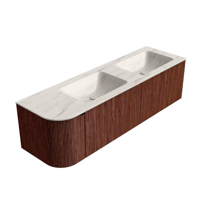 MONDIAZ KURVE-DLUX Meuble de salle de bains 155cm arrondi à gauche couleur Ruby avec 2 tiroirs et 1 porte. Lavabo LEAF Double / Droite 2 trous de robinet Meli.