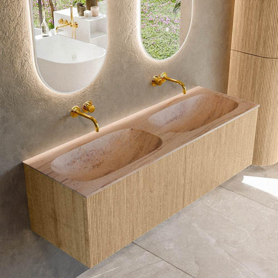 MONDIAZ KURVE-DLUX Meuble de salle de bains 140cm couleur Oak avec 2 tiroirs et 0 portes. Lavabo STOR SMALL Double sans trou de robinet Saba.