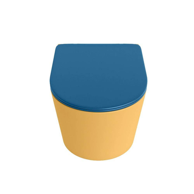 Mondiaz LAVIE hangtoilet – spoelrandloos – 36 x 53 cm – met softclose zitting – Ocher (geel), zitting Jeans (blauw)