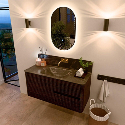 Mondiaz CIRO-DLUX Badkamermeubelset - 110x45x50cm - Solid surface wastafel Lava - 1 wasbak Midden - zonder kraangaten - 2 lades - Walnut