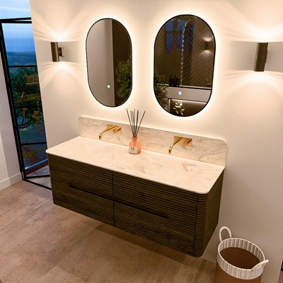 Mondiaz CIRO-DLUX Meuble de salle de bains - 140x45x50cm - Vasque en solid surface Ostra - 2 vasques double - sans trous de robinetterie - 4 tiroirs - Shadow
