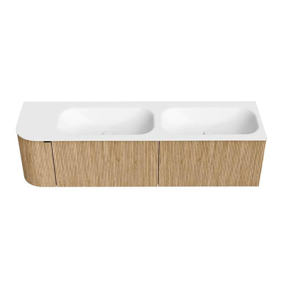 MONDIAZ KURVE 165cm meuble de salle de bains avec module 25 L couleur Chêne avec 2 tiroirs et 1 porte. Lavabo BIG SMALL double / droite sans trou de robinet Talc.