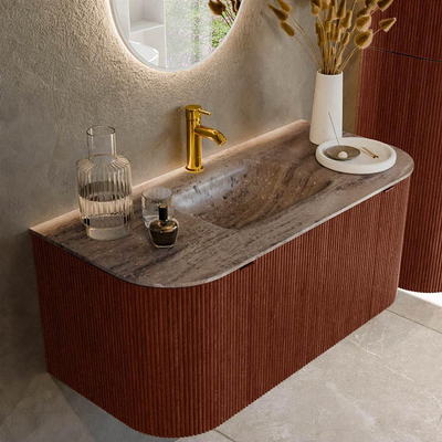 MONDIAZ KURVE-DLUX Meuble de salle de bains 100cm arrondi Gauche + Droite couleur Ruby avec 1 tiroir et 2 portes. Lavabo GRUNNE Central 1 trou de robinet Oza.