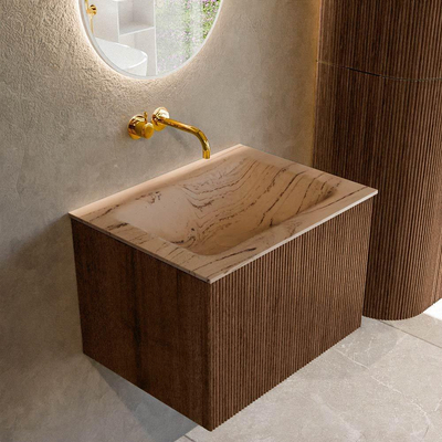 MONDIAZ KURVE-DLUX 60cm badmeubel kleur Walnut met 1 lade en 0 deuren. Wastafel CLOUD Midden zonder kraangat Arena.