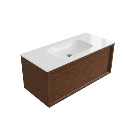 Saniclass Holz Frame Ensemble meuble de salle de bains - 100x45x41.5cm - Flow lavabo en solid surface blanc - 1 vasque - sans trou de robinet - 1 tiroir - mat walnut pure (bois)