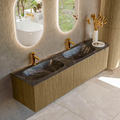 Mondiaz KURVE-DLUX Badkamermeubelset - 175x46x40cm - 2 lade - 1 deur - wastafel solid surface - dubbel / links - 2 kraangaten - Dusk