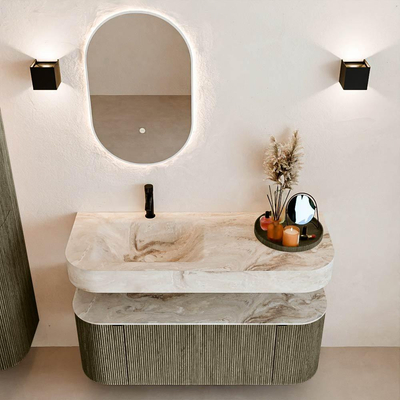 MONDIAZ THOR-DLUX 120cm meuble de salle de bains arrondi gauche + droite couleur Shadow avec 1 tiroir et 2 portes. Vasque suspendue CLOUD Gauche 1 trou de robinet couleur Frappe.