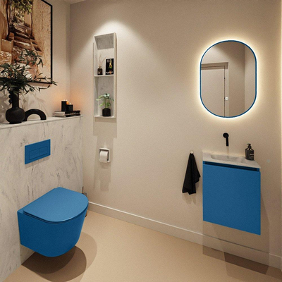 MONDIAZ TURE-DLUX Meuble toilette - 40cm - Jeans - EDEN - vasque Opalo - position centrale - sans trou de robinet