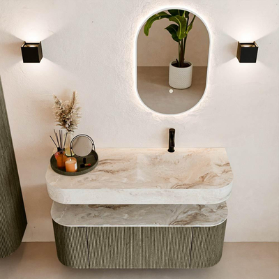 MONDIAZ THOR-DLUX 120cm meuble de salle de bains arrondi gauche + droite couleur Shadow avec 1 tiroir et 2 portes. Vasque suspendue CLOUD Droite 1 trou de robinet couleur Frappe.