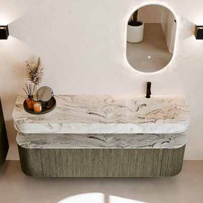 MONDIAZ THOR-DLUX Meuble de salle de bains 170cm arrondi gauche + droite couleur Shadow avec 1 tiroir et 2 portes. Vasque suspendue CLOUD Droite 1 trou de robinet couleur Glace.