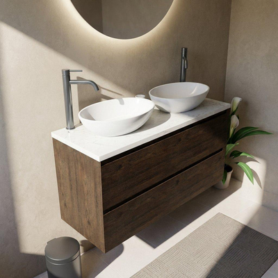 Saniclass Holz Pure Ensemble de meubles de salle de bains - 120x45x63cm - Plan vasque en marbre Dia poli (blanc) - 2 trous de robinet - 4 tiroirs - chêne charcoal mat (bois)