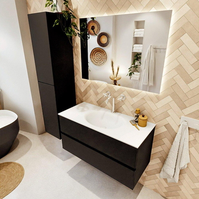 MONDIAZ VICA 100cm meuble sous lavabo Urban 2 tiroirs. Lavabo MOON centre 1 trou de robinet, couleur Talc.
