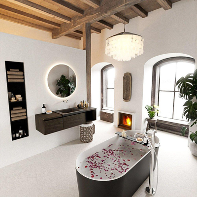 MONDIAZ BUKLA Meuble de salle de bains 140 cm avec module ouvert 40 à droite couleur Dark Brown avec 2 tiroirs. Lavabo CLOUD à droite 0 trou de robinet couleur Urban.