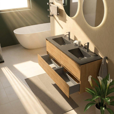 Saniclass Holz Pure Ensemble meuble de salle de bains - 140x45x62cm - Lavabo Vygo en céramique noir - 2 vasques - 2 trous de robinet - 4 tiroirs - chêne naturel mat (bois)