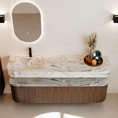 MONDIAZ THOR-DLUX 170cm badmeubel ronding links + rechts kleur Walnut met 1 lade en 2 deuren. Vrijhangende wastafel CLOUD Links 1 kraangat kleur Glace.