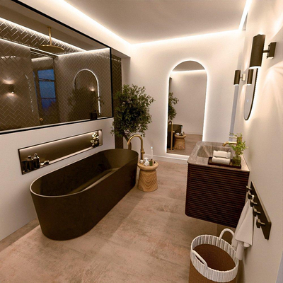 Mondiaz CIRO-DLUX Badkamermeubelset - 90x45x50cm - Solid surface wastafel Oza - 1 wasbak Midden - 1 kraangat - 2 lades - Walnut