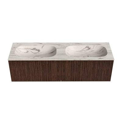 MONDIAZ KURVE-DLUX Meuble de salle de bains 150cm couleur Walnut avec 2 tiroirs et 0 portes. Lavabo STOR SMALL Double sans trou de robinet Nata.