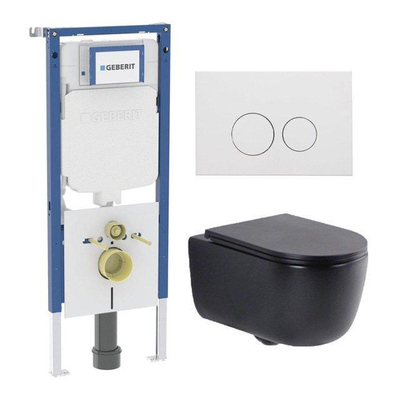 QeramiQ Dely Swirl Toiletset - 36.3x51.7cm - Geberit UP720 Duofix Sigma inbouwreservoir - slim zitting - metalen bedieningsplaat mat wit - ronde knoppen - mat zwart
