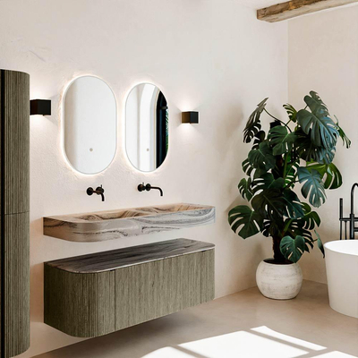 MONDIAZ THOR-DLUX Meuble de salle de bains - 130cm - arrondi gauche + droite - couleur Shadow - 1 tiroir - 2 portes - Vasque suspendue CLOUD Double sans trou de robinet - couleur Sombra