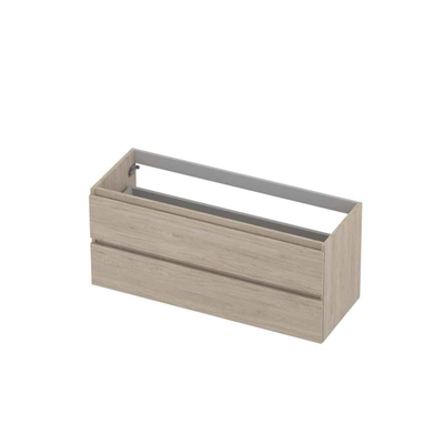 INK Wastafelonderkast - 120x45x52cm - 2 lades - greeploos - met houten keerlijst - MFC - Ivoor eiken