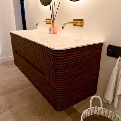 Mondiaz CIRO-DLUX Badkamermeubelset - 130x45x50cm - Solid surface wastafel Ostra - 2 wasbak Dubbel - zonder kraangaten - 4 lades - Ruby