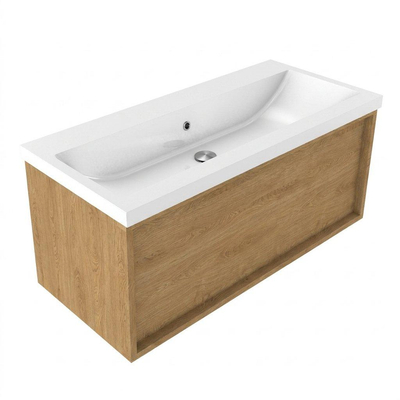 Saniclass Holz Frame Ensemble meuble de salle de bains - 100x45x43.5cm - Lavabo Bari en céramique blanc - 1 vasque - sans trou de robinet - 1 tiroir - chêne natural mat (bois)