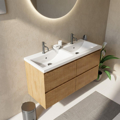 Saniclass Holz Atelier Ensemble de meubles de salle de bains - 120x45x63.5cm - lavabo Bari en céramique blanc - 2 vasques - 2 trous de robinetterie - 2 tiroirs - chêne natural mat (bois)