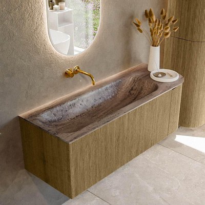 MONDIAZ KURVE-DLUX meuble de salle de bains 125cm arrondi à droite couleur Dusk avec 1 tiroir et 1 porte. Lavabo BIG MEDIUM à gauche sans trou de robinet Oza.