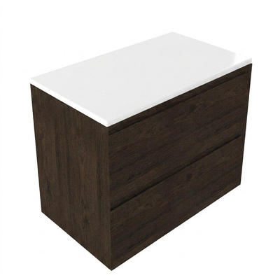 Saniclass Holz Pure Ensemble de meuble de salle de bains - 80x45x62.5cm - Plan de toilette Torino en solid surface blanc - sans trou de robinet - 2 tiroirs - chêne charcoal mat (bois)