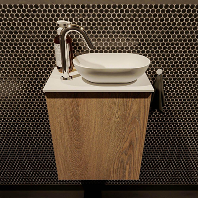 Mondiaz Fowy Toiletmeubel - 40x50x23cm - washed oak mat - 1 kraangat - wasbak rechts - 1 deur - solid surface - blad Melamine - wasbak: wit