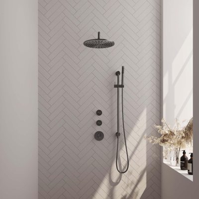 Brauer Gunmetal Carving Ensemble de douche pluie encastré - douche principale 30cm - bras mural - glissière - avec partie encastrable - boutons Carving - douchette à main Barre 1 fonction - PVD - gunmetal brossé