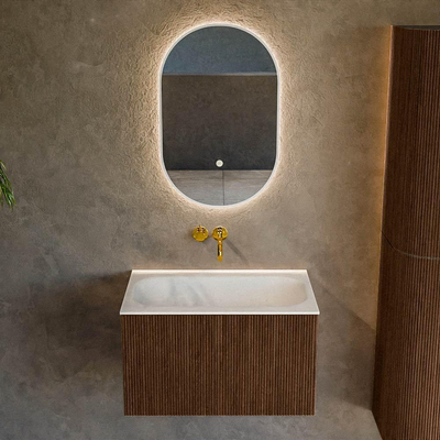 MONDIAZ KURVE 70cm badmeubel kleur Walnut met 1 lade. Wastafel BIG SMALL midden zonder kraangat Talc.