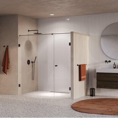 BRAUER Void Carving Nisdeur - 2-delig - 190x200cm - 70cm draaideur aan muur - glascoating - omkeerbaar - helder glas - geborsteld gunmetal PVD