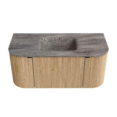 MONDIAZ KURVE-DLUX 100cm badmeubel ronding Links + Rechts kleur Oak met 1 lade en 2 deuren. Wastafel GRUNNE Midden 1 kraangat Oza.