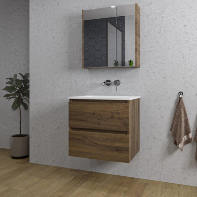 Saniclass Chaci Meuble de salle de bain - 60x46x55cm - lavabo en céramique blanc - 1 vasque - sans trou de robinet - 2 tiroirs - armoire miroir - noyer (hout)