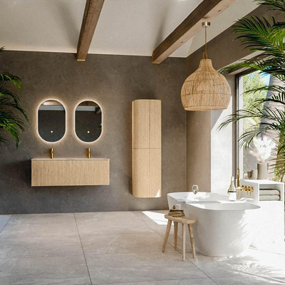 MONDIAZ KURVE-DLUX Meuble de salle de bains 120 cm couleur Oak avec 1 tiroir et 0 porte. Lavabo LEAF Double 2 trous de robinet Meli.